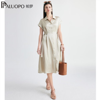 帕罗 清仓！100%桑蚕丝  16姆米素绉缎 真丝连衣裙 香槟色