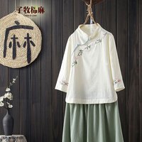 子牧棉麻 女士刺绣汉服七分袖衬衫