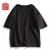 名创优品 黑色华夫格POLO衫男夏季青少年宽松透气正肩重磅短袖T恤Y