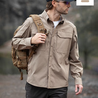 自由兵 锐士户外弹力格子布战术男衬衫 棕