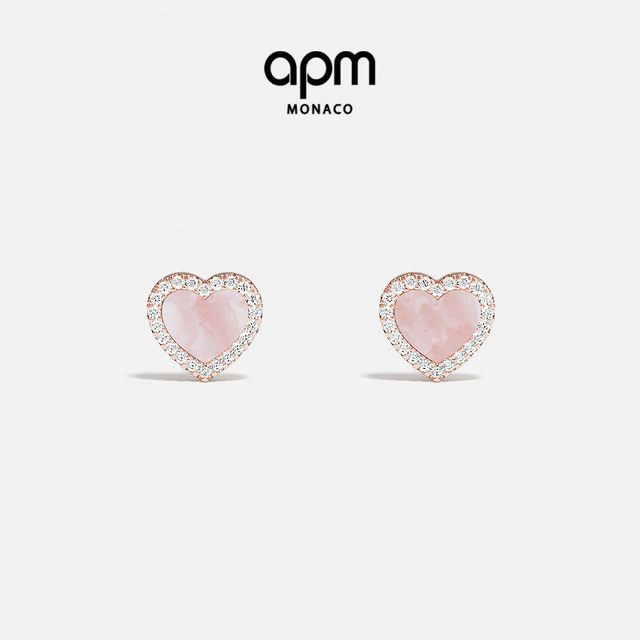 APM Monaco 粉母贝爱心耳钉女生玫瑰金时尚设计感