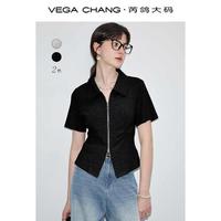 VEGA CHANG 芮鸽大码女装短袖T恤胖收腰修身开叉上衣