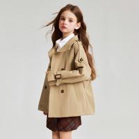 ELLE kids 女童法式经典双排扣短款风衣英伦学院复古风翻领落肩休闲百搭外套