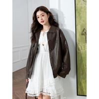 La·go·go 春秋巴恩风超柔PU精致蝴蝶刺绣气质休闲皮衣外套女