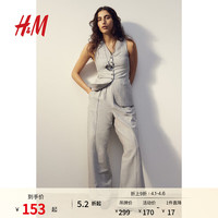 H&M 女装裤子2024夏季时尚高腰直筒裤腿亚麻混纺长裤1211992 浅灰色