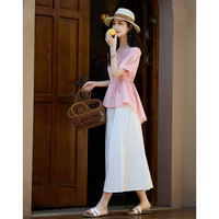 德玛纳 夏季舒适垂感棉锦皱衬衫泡泡袖腰带衬衣女装上衣