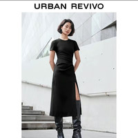 UR 夏季女装简约收褶开衩圆领修身显瘦连衣裙UWJ740014