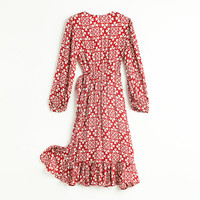 帕罗 法式复古碎花v领长袖收腰真丝蝴蝶结茶歇裙子