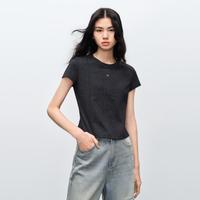 H'S 夏季时尚百搭100%棉两侧立体褶短袖简约女士圆领T恤