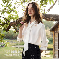 OLRAIN 女白色法式设计感飘带长袖衬衫
