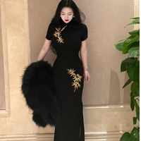 LHMknk1 画报夫人 新中式刺绣旗袍弹力西装连衣裙 短袖金竹