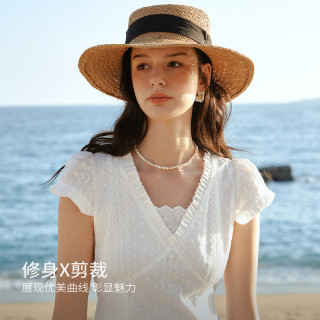 OLRAIN 2026年新款夏季女装白色收腰木耳边V领提花短袖连衣裙