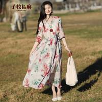 子牧棉麻 【显瘦碎花】复古文艺七分袖连衣裙系带收腰长裙女6388