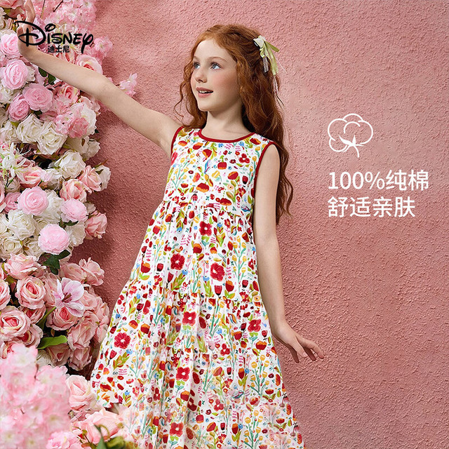 迪士尼 清仓！夏季儿童油画印花 纯棉碎花连衣裙
