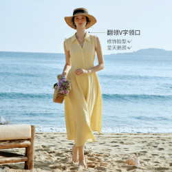 OLRAIN 2026夏季新款法式复古黄色无袖衬衫裙女梭织度假休闲连衣裙