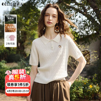 OLRAIN 白色绞花POLO领复古通勤毛针织套头衫女装夏季新款简约上衣
