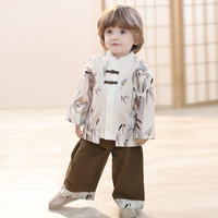 汉宫优品 男童汉服秋季假两件立领衬衫套装新中式儿童两件套衣服男宝宝秋装 燕衔春 80