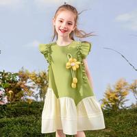 QITA 夏款新款女孩公主裙女小童拼接无袖棉布连衣裙立体太阳花背心裙子