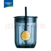 乐唯诗 ins风简约带盖玻璃杯网红咖啡杯子饮料冷饮杯墨蓝可乐吸管杯450ml1只 无规格