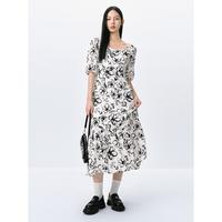 太平鸟 法式方领印花连衣裙春秋泡泡袖垂感飘逸长裙气质优雅