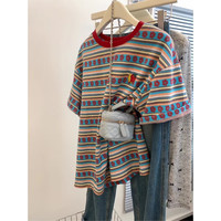 風采兔 女士彩色条纹圆领短袖T恤 2024夏季新款