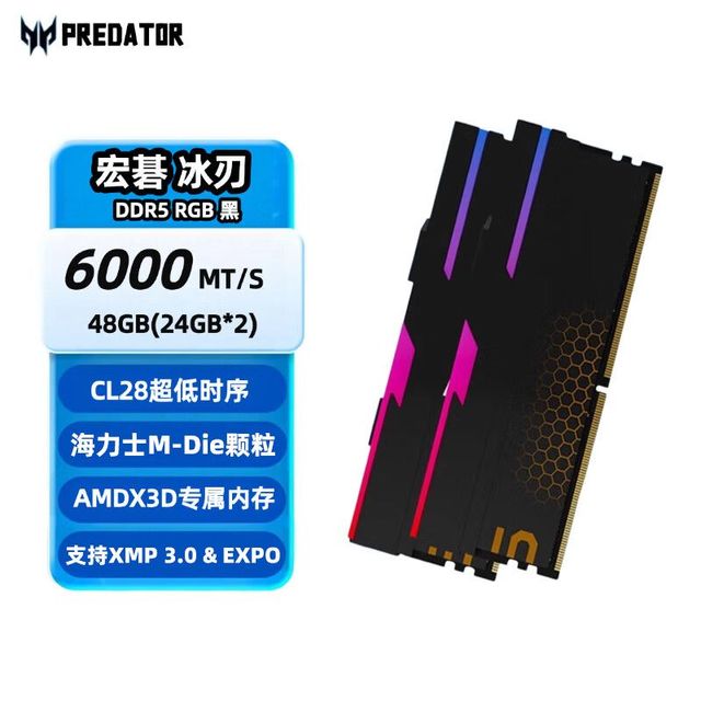 宏碁 掠夺者 冰刃 48G 24*2 6000 M-die C28 黑色 台式机内存灯条