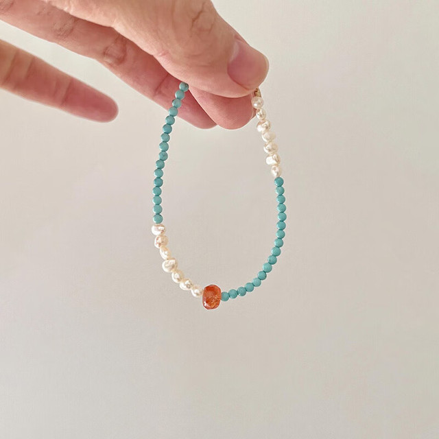 洛梵欣饰 绿松石巴洛克淡水珍珠手链秋冬潮小众感叠戴气质女款手饰 绿松石串珠款太阳石
