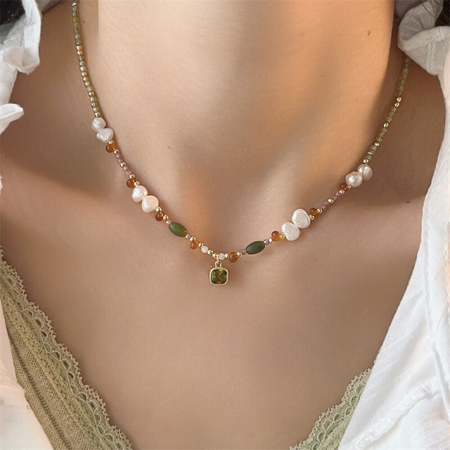 花饰庄园 淡水巴洛克珍珠项链 少女森林天然橄榄石锁骨链 水晶串珠颈链 橄榄石项链