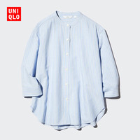 优衣库 女装麻混纺条纹立领衬衫/通勤七分袖衬衣26春夏新款487971 60 浅蓝色 2XL
