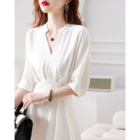 德玛纳 仿麻竹节纹连衣裙 夏季V领收腰落肩连衣裙