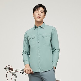  YOUNGOR/雅戈尔 全棉成衣水洗 男士长袖衬衫 双口袋 绿色 M