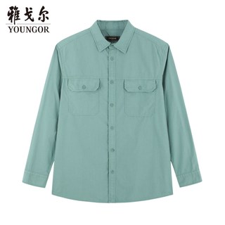  YOUNGOR/雅戈尔 全棉成衣水洗 男士长袖衬衫 双口袋 绿色 M