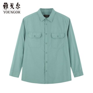 YOUNGOR/雅戈尔 全棉成衣水洗 男士长袖衬衫 双口袋 绿色 M