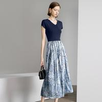 限尺码：颜域 连衣裙夏季法式印花中长款短袖裙子女