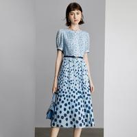 颜域 夏季通勤褶皱设计短袖圆领中长款裙子女