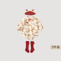 巴厘小猪 百天衣服  女宝宝连体衣+帽子+袜子3件装