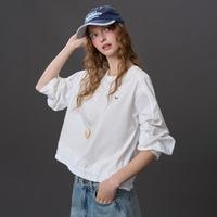 a02 简约时尚拼接松紧长袖衬衣2026春季休闲百搭女式T恤