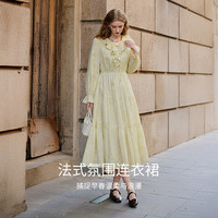 X.YING 法式荷叶边v领连衣裙女2026春季新款温柔大方长袖收腰印花裙 黄花