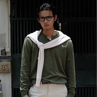 9FO7 【松弛感穿搭】复古绿卷边亨利领薄款打底针织衫