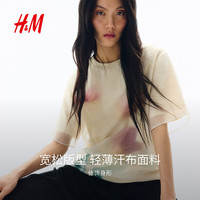 H&M 女装T恤2026春季新款浅春系出游圆领宽松印花短袖上衣1328012 奶油色/花朵