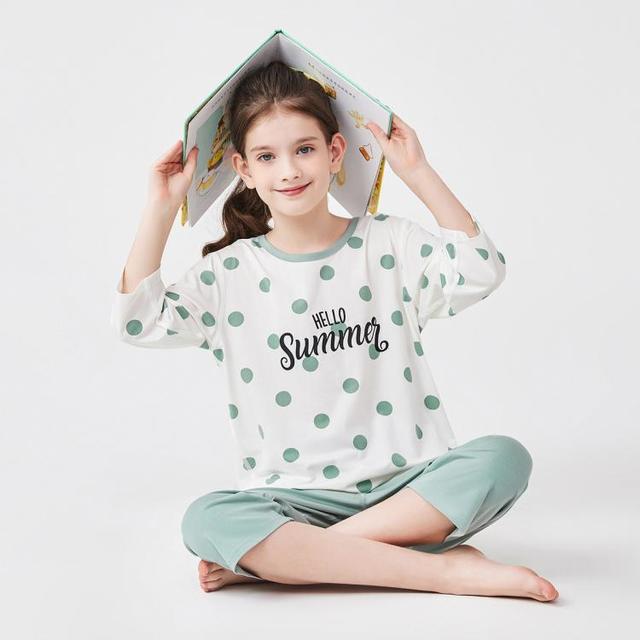 十月妈咪 儿童莫代尔七分袖套装中大童女童家居服薄款夏季睡衣