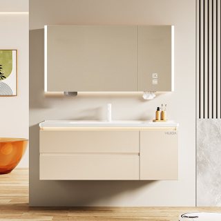 惠达 实木浴室柜陶瓷一体盆奶油风 80CM镜柜+美妆收纳