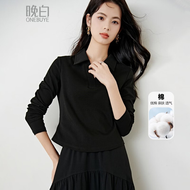 晚白 2026年春款经典翻领棉料上衣舒适百搭短款T恤衫女 黑色