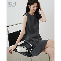 晚白 2026年春款时尚亚麻格雷系裙子立体花裙摆无袖廓形连衣裙 灰色