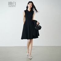 晚白 2026年春款时尚翻领钉珠裙子修身显瘦气质无袖连衣裙 黑色