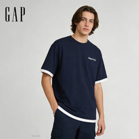Gap 纯棉logo胶印宽松撞色边饰短袖T恤 海军蓝 L (175/96A)亚洲尺码