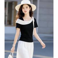 OSONESING 2026夏季一字肩拼接飘带设计精致轮廓女式T恤