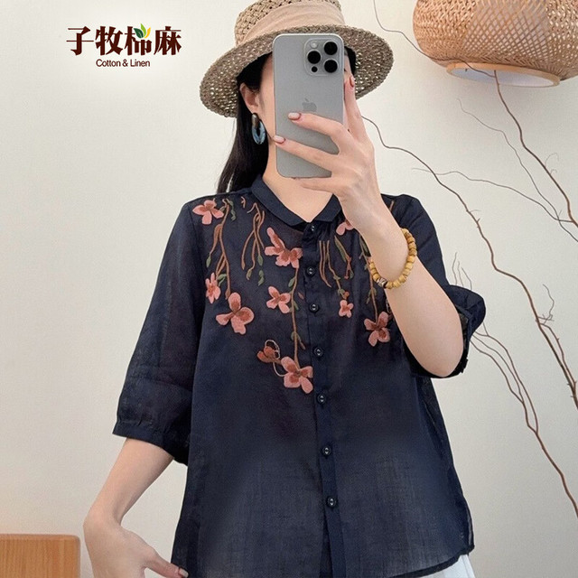子牧棉麻 2026夏装 女气质小衫上衣单排扣刺绣花朵百搭中袖衬衫衬衣0388 藏青色