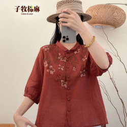 子牧棉麻 2026夏装 女气质小衫上衣单排扣刺绣花朵百搭中袖衬衫衬衣0388 红色