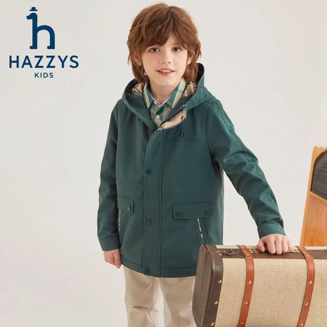 PLUS会员：哈吉斯 儿童三防透湿连帽风衣 深青绿